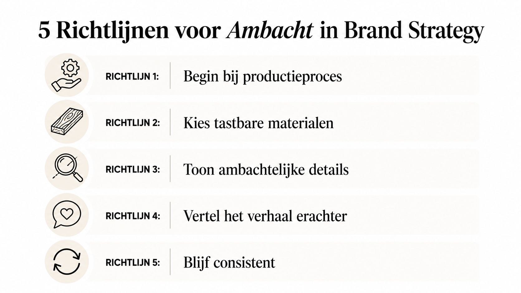 Een overzicht van vijf richtlijnen voor het integreren van ambacht binnen een effectieve merkstrategie.