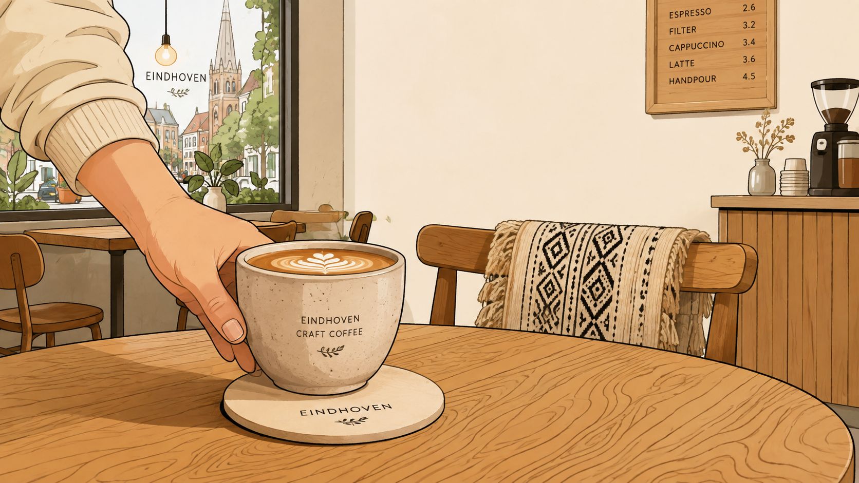 Een hand die een kopje ambachtelijke koffie op een houten tafel in een gezellig café in Eindhoven plaatst.