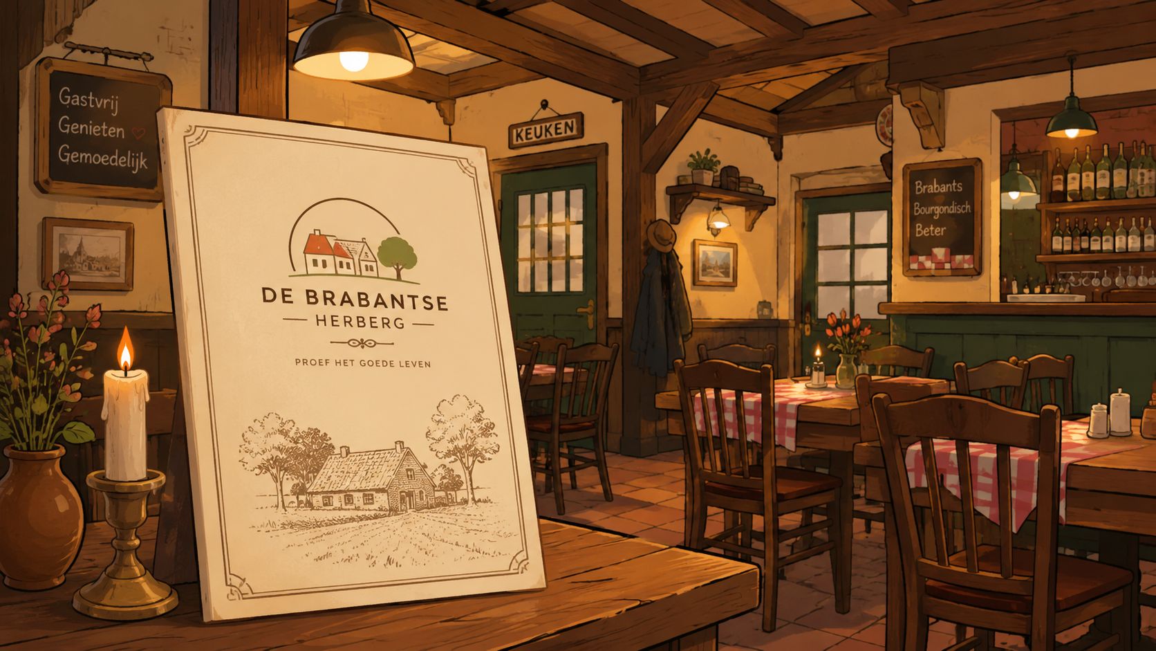 Een gezellig sfeervol interieur van een Brabantse herberg met een menukaart op de voorgrond op tafel.