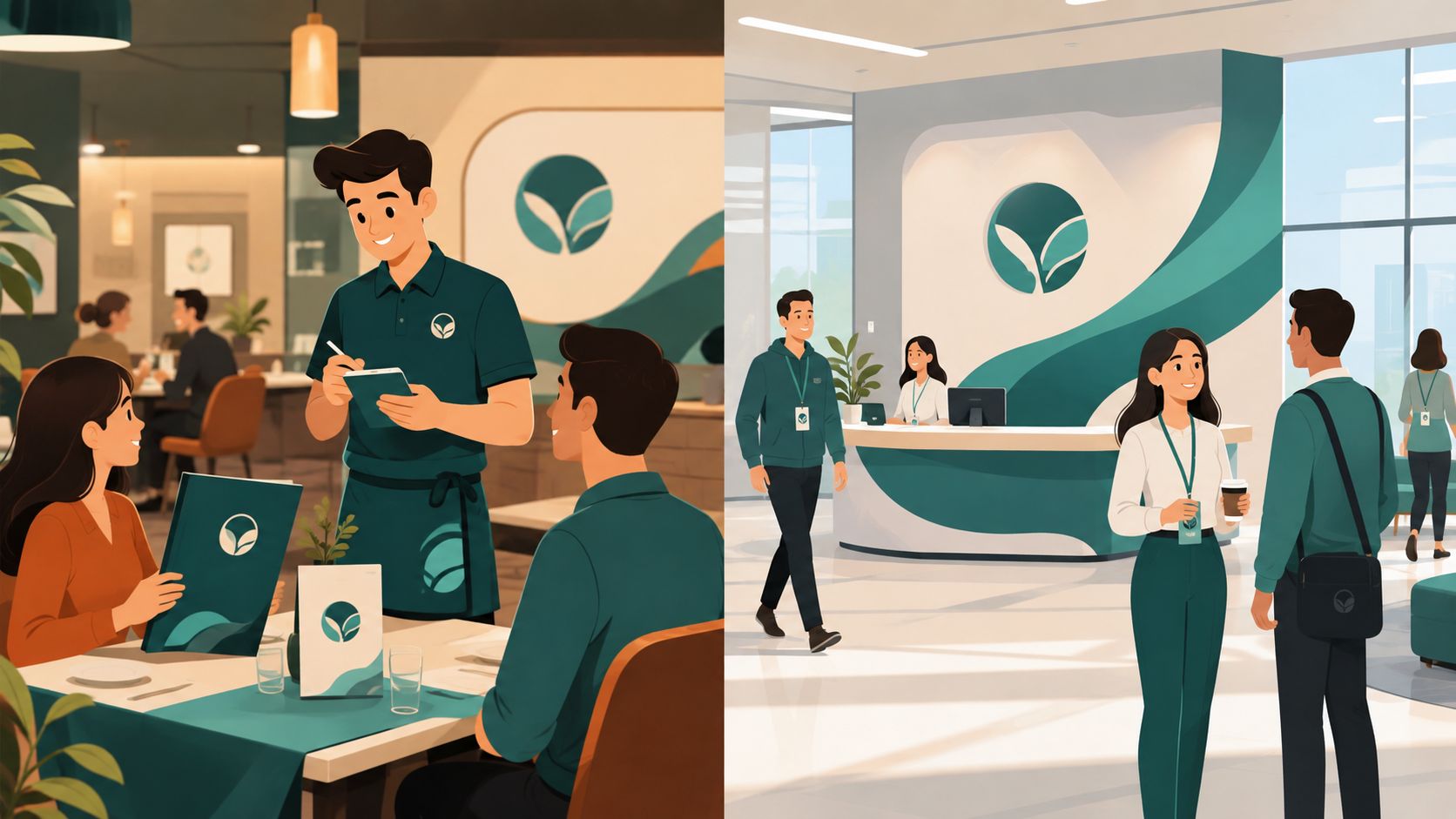 Een overzicht van een restaurant en een modern kantoor met een consistente groene huisstijl en bedrijfslogo.