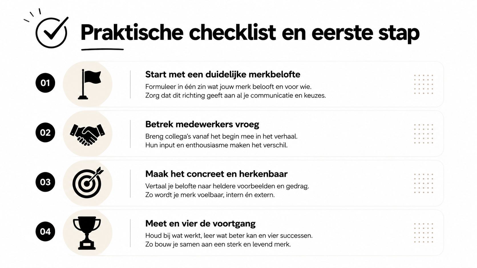 Een overzichtelijke checklist met vier stappen voor het succesvol implementeren van interne branding binnen een organisatie.