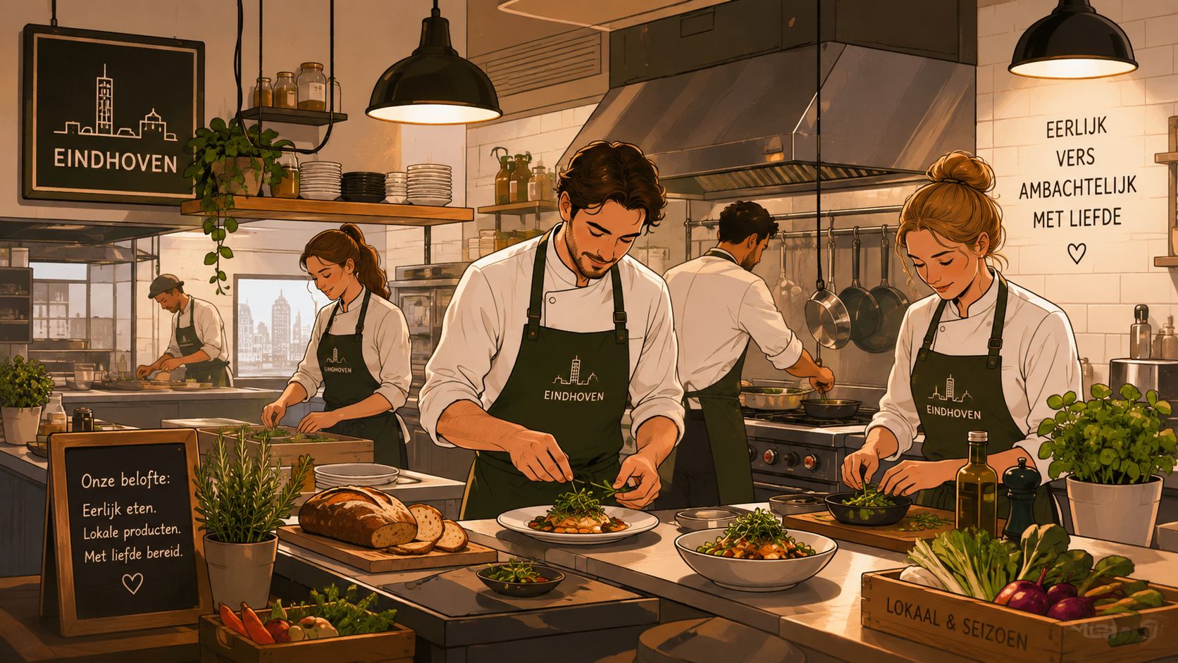 Team van chefs in een professionele keuken in Eindhoven die met liefde verse, lokale ingrediënten bereiden.