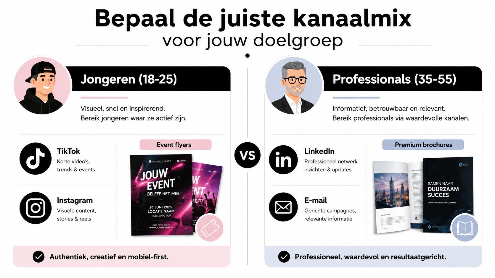 Een infographic die de ideale kanaalmix voor jongeren en professionals vergelijkt voor effectieve marketingcommunicatie.