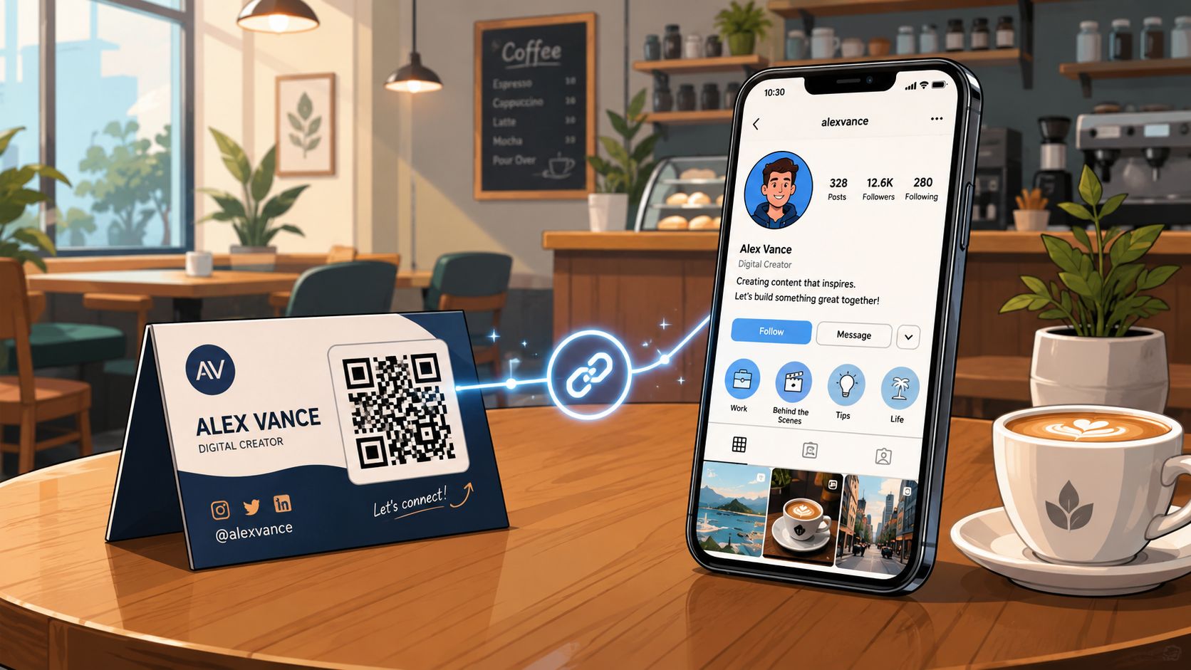 Een QR-code op een tafelkaartje verbonden met een smartphone die een social media profiel toont.