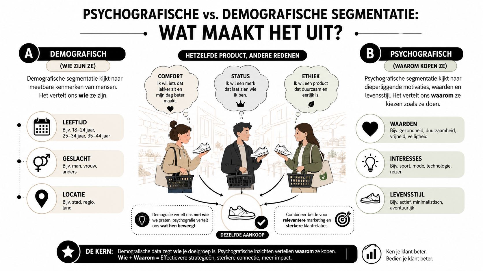 Een infographic die het verschil uitlegt tussen demografische en psychografische segmentatie voor effectievere marketingstrategieën.