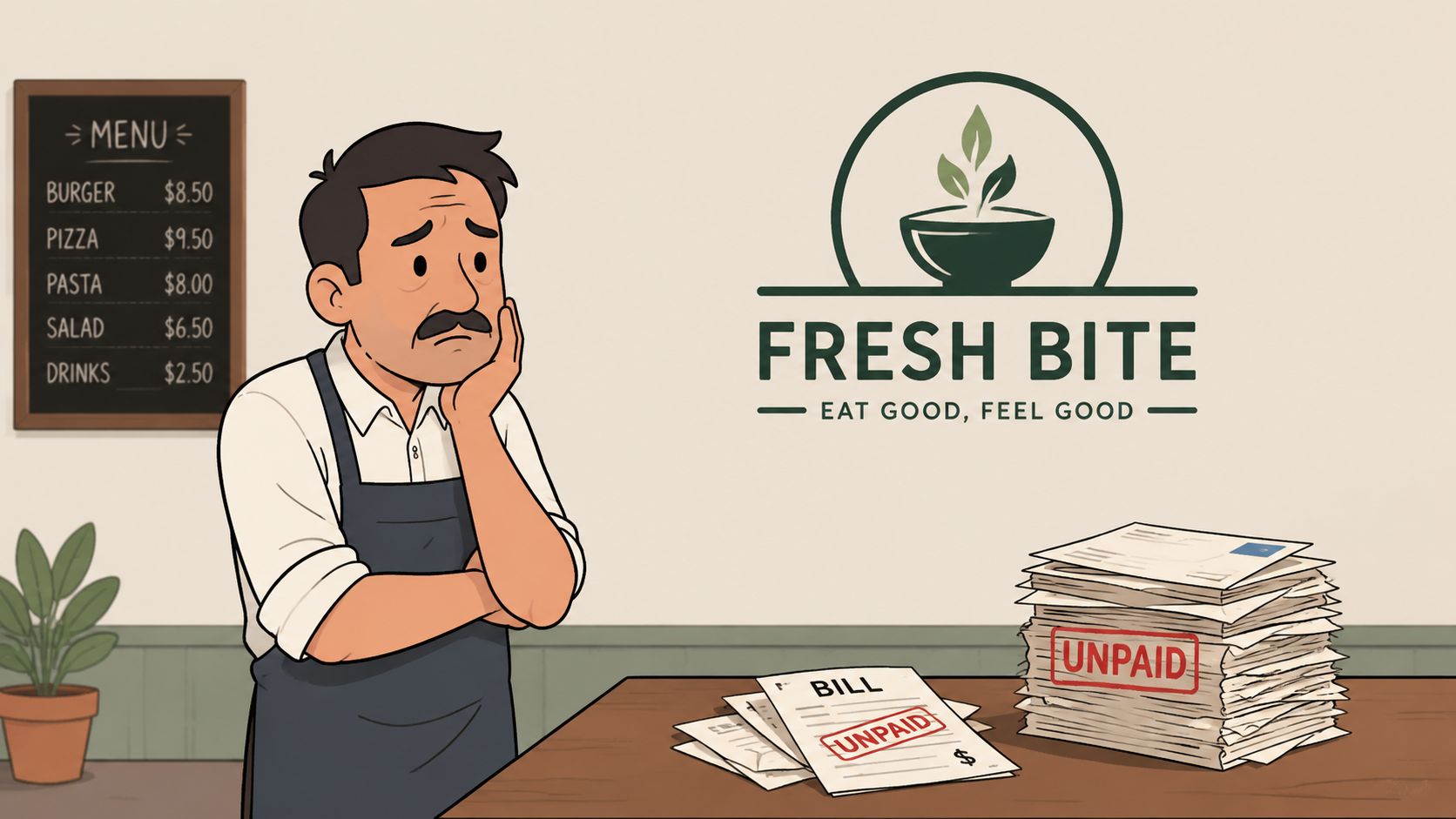 Een bezorgde restaurantmedewerker staat bij een stapel onbetaalde rekeningen in een restaurant genaamd Fresh Bite.