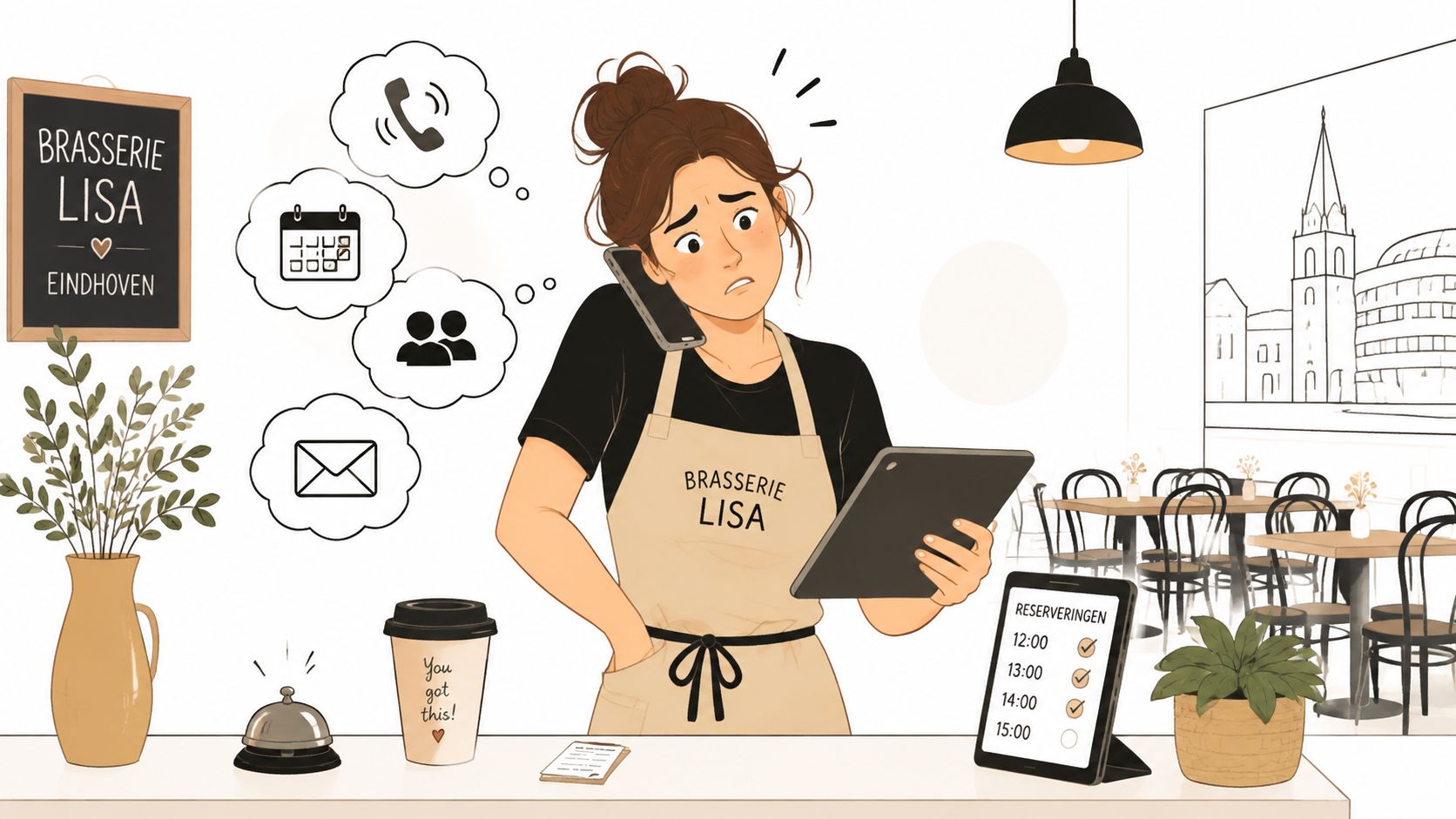 Een overbelaste serveerster in Brasserie Lisa die tegelijkertijd belt en reserveringen op een tablet controleert.