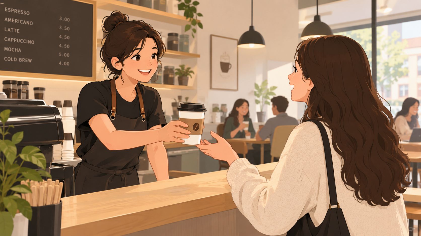 Een vriendelijke barista overhandigt een kop koffie aan een klant bij een sfeervolle koffiebar met menubord