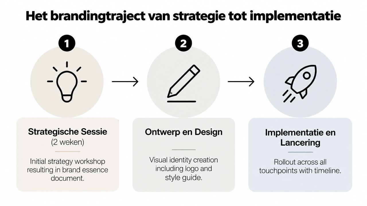 Een overzicht in drie stappen van het brandingtraject van strategie naar ontwerp en definitieve implementatie.
