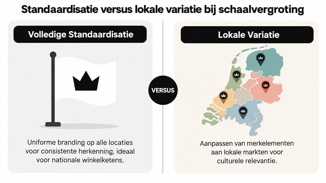 Een infographic die de keuze tussen volledige standaardisatie en lokale variatie voor merkstrategie bij schaalvergroting vergelijkt.