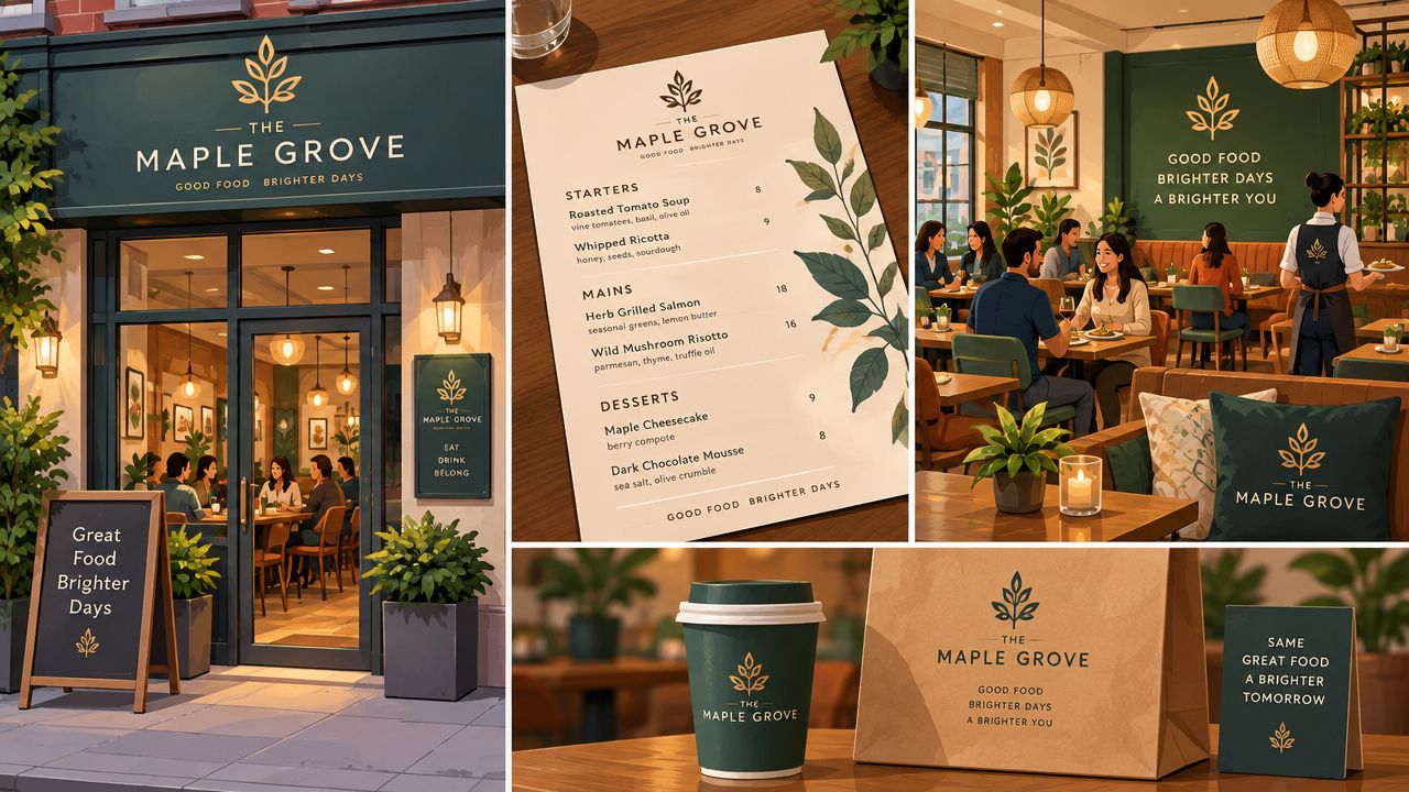Een collage met beelden van een stijlvol restaurant genaamd The Maple Grove met menu en branding.
