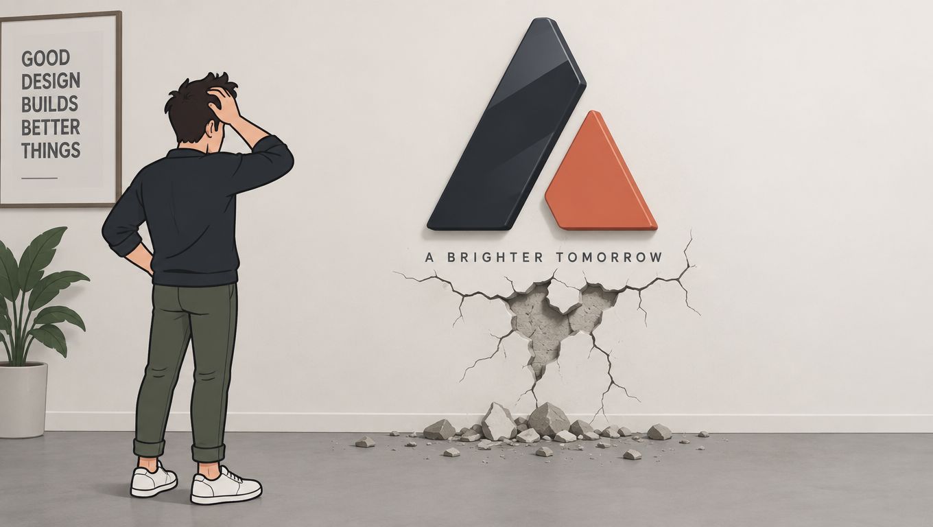 Een man kijkt naar een gebarsten muur met een merklogo en de tekst 'A Brighter Tomorrow'.
