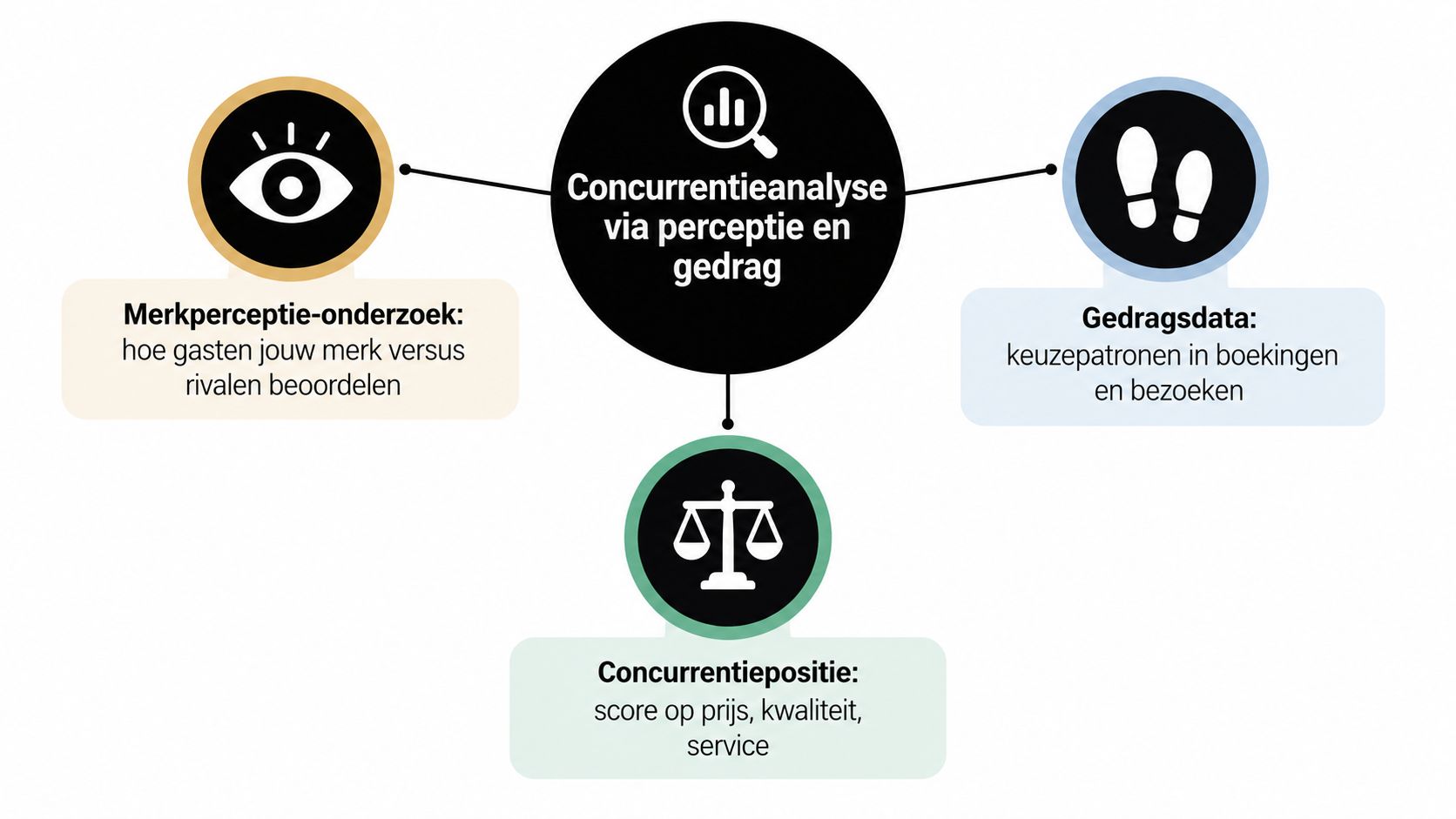 Een overzichtelijk model voor concurrentieanalyse gebaseerd op merkperceptie, gedragsdata en de algemene concurrentiepositie van een bedrijf.
