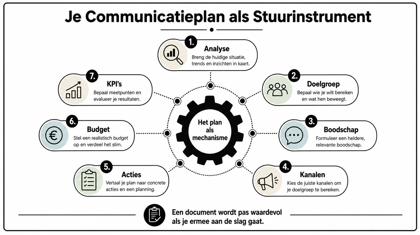 Een overzichtelijk schema over het communicatieplan als stuurinstrument met zeven stappen en een centraal mechanisme.