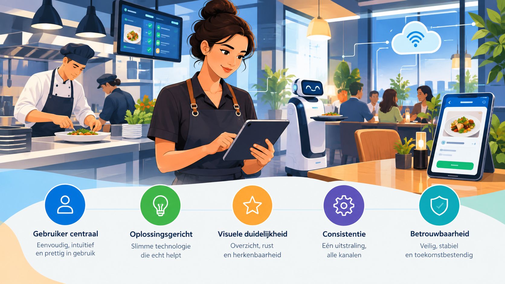 Een digitale illustratie van een modern restaurant met serveersters, robots en technologie die efficiëntie en innovatie benadrukken.