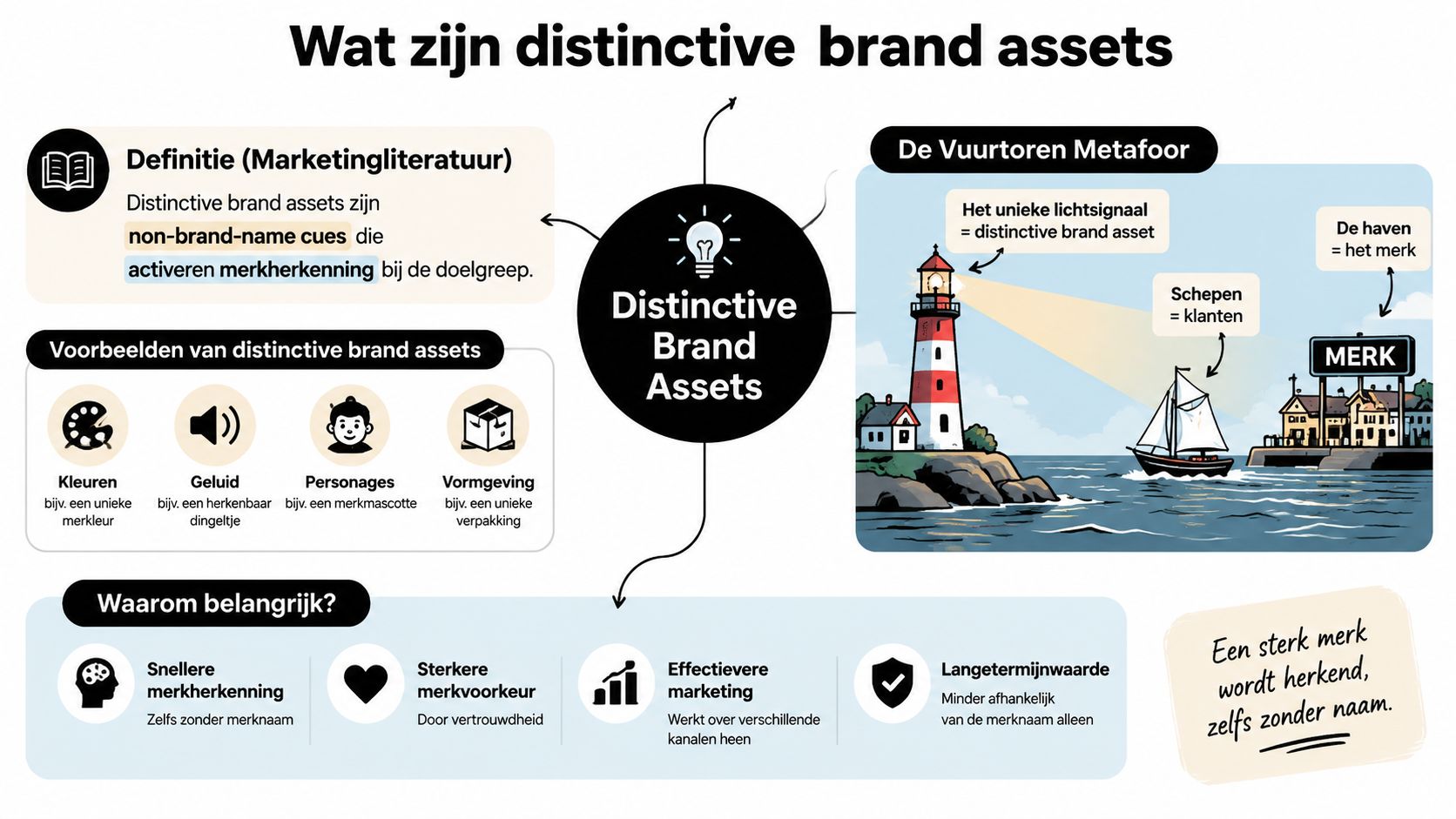 Een informatieve infographic die uitlegt wat distinctive brand assets zijn met voorbeelden, een vuurtorenmetafoor en hun belang.