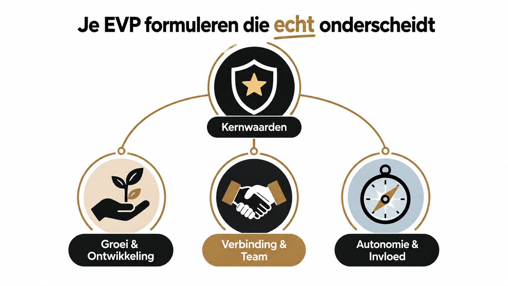 Een overzichtelijk schema over het formuleren van een effectieve en onderscheidende Employer Value Proposition (EVP) voor organisaties.