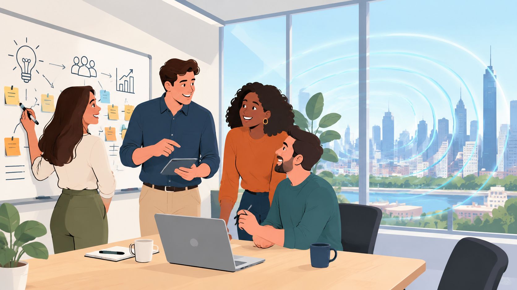 Een divers team van collega's brainstormt en samenwerkt in een modern kantoor met een prachtig stadszicht.