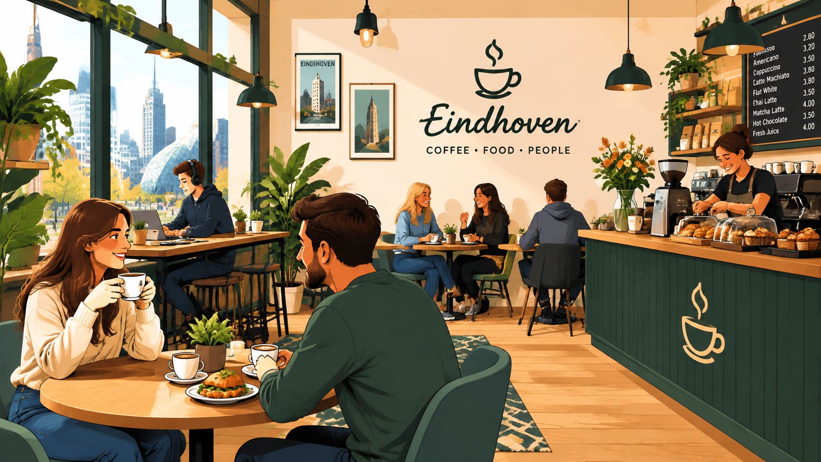 Een gezellig modern café in Eindhoven waar mensen genieten van koffie, eten en elkaars gezelschap.