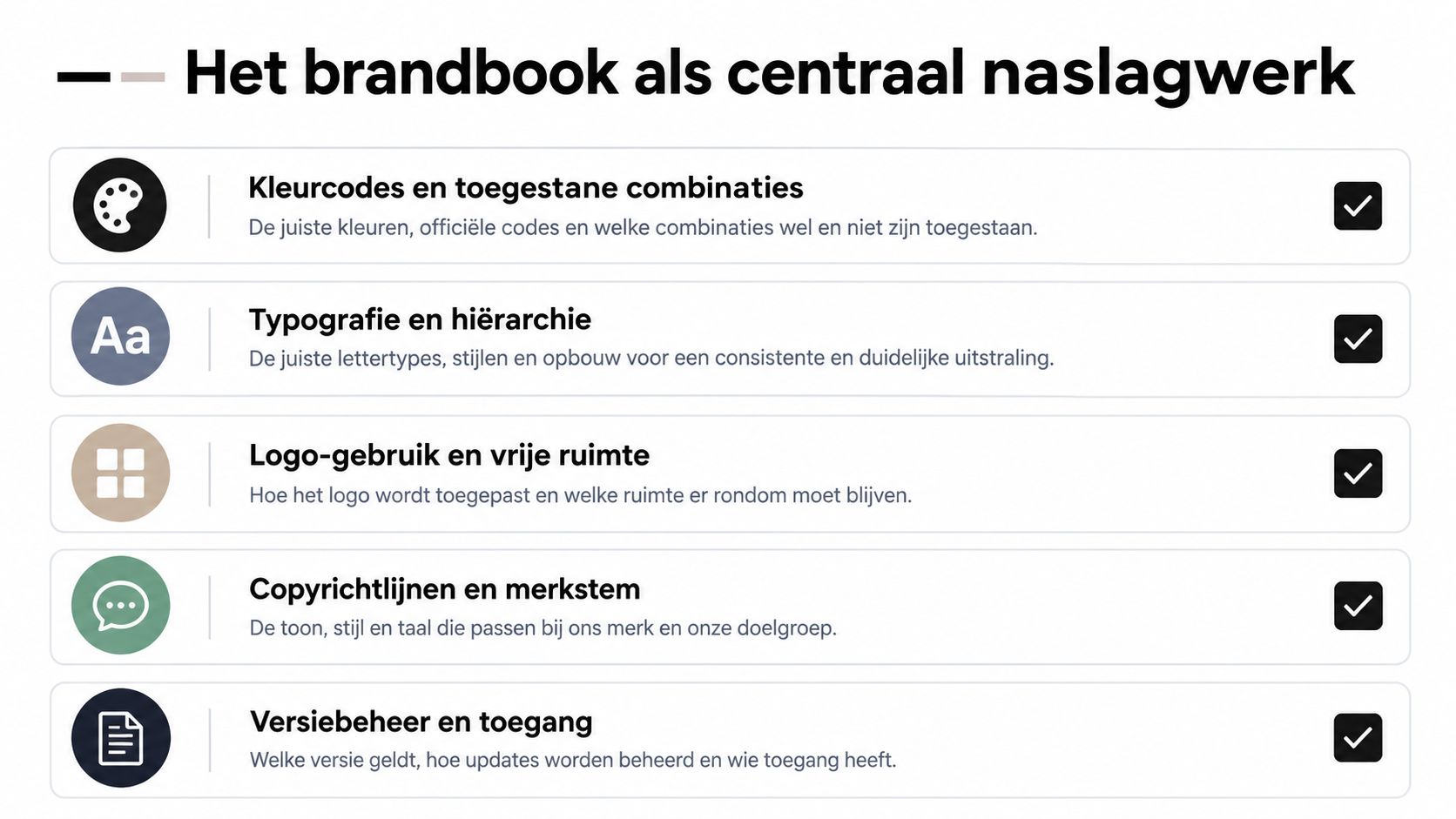 Een overzicht van de vijf belangrijkste onderdelen van een merkboek als centraal naslagwerk voor grafische huisstijl.