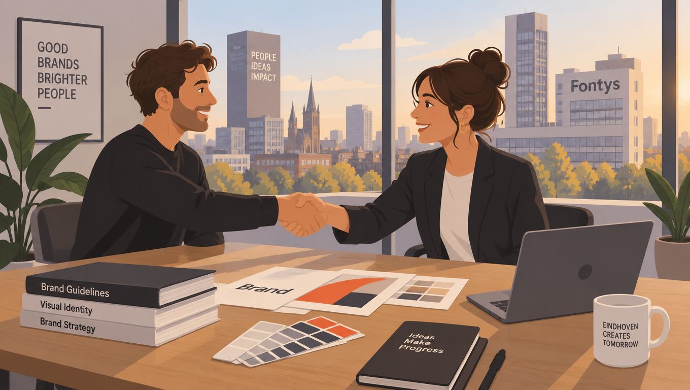 Een man en vrouw schudden de handen in een modern kantoor met grafische ontwerpproducten op tafel.