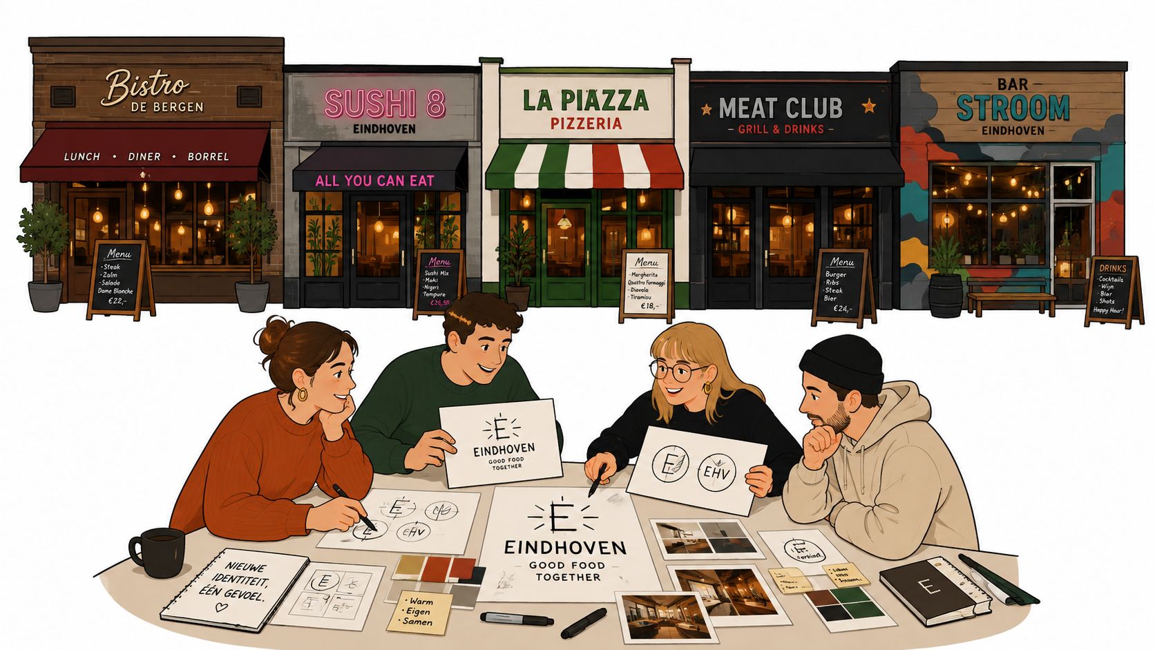 Een creatief team van ontwerpers werkt samen aan een nieuwe visuele identiteit voor lokale restaurants in Eindhoven.