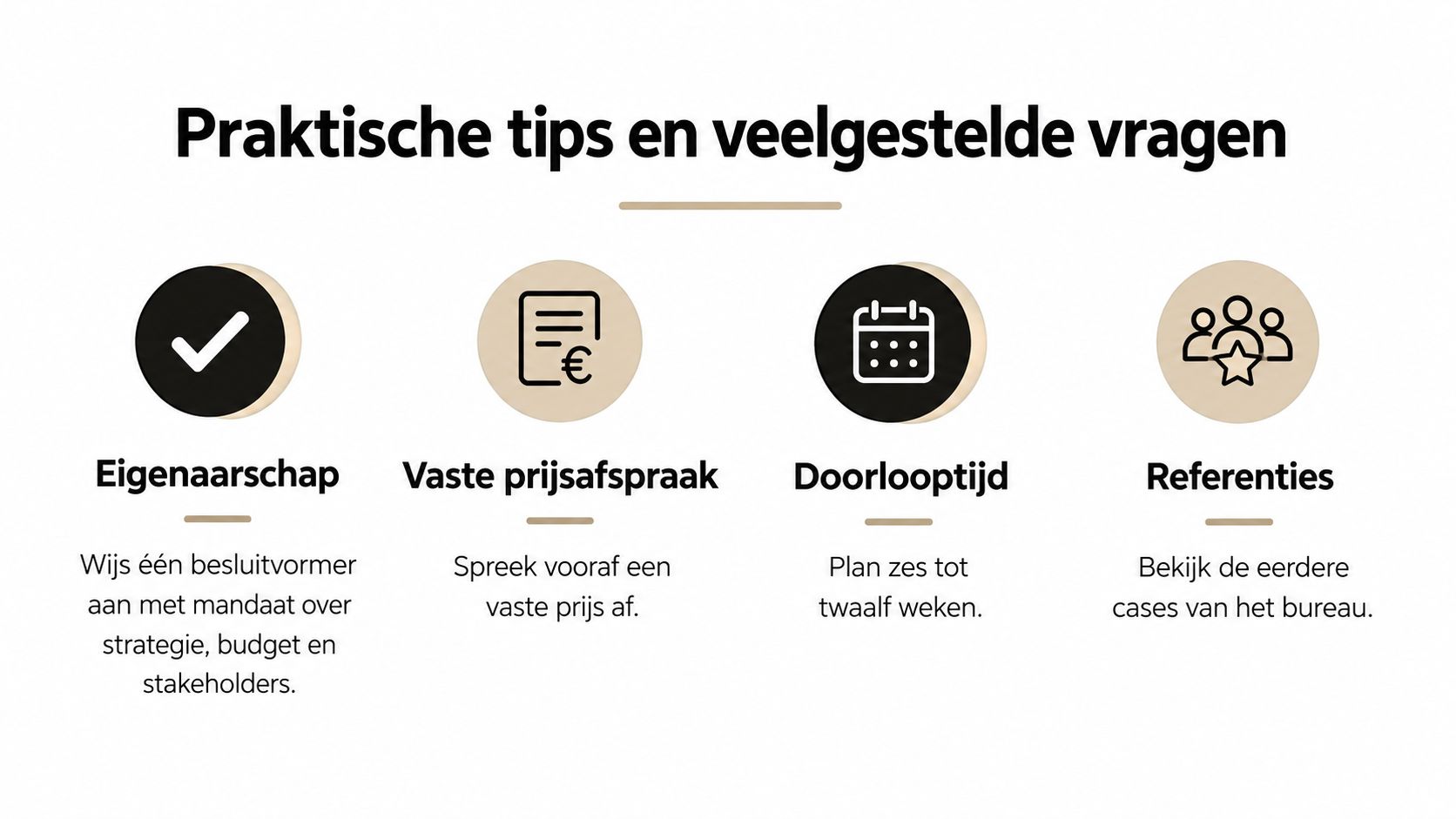 Een overzicht met vier praktische tips over eigenaarschap, vaste prijzen, doorlooptijd en referenties voor zakelijke projecten.