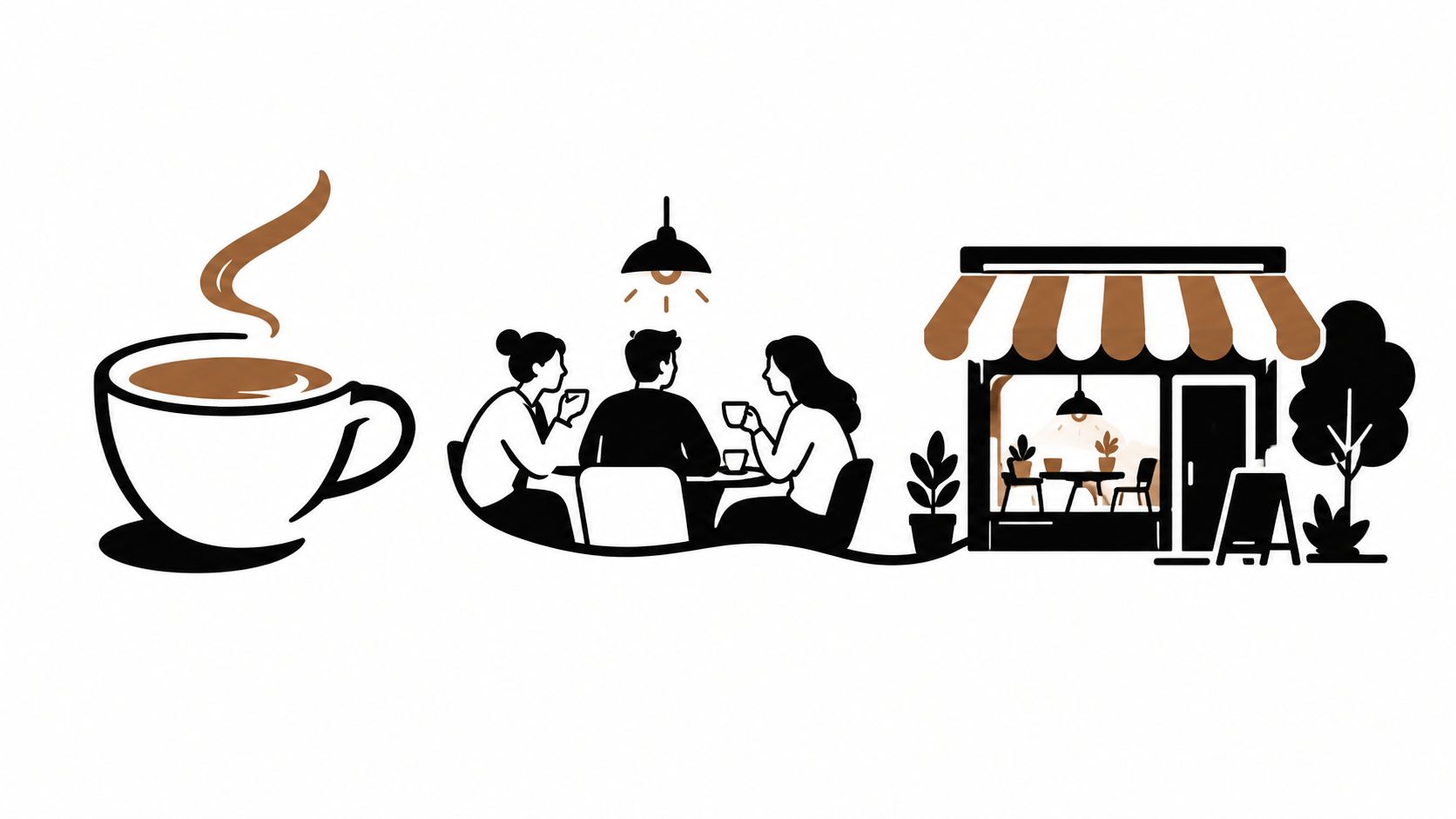 Illustratie van een kopje koffie en drie mensen die in een gezellig café aan tafel zitten.