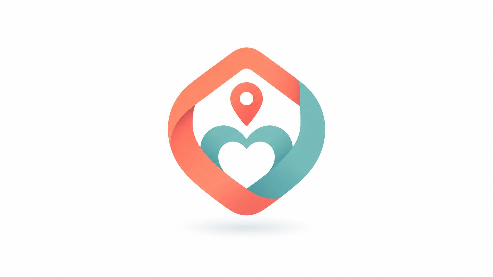 Een gestileerd logo met een hartvorm en een locatiepin in oranje en blauwgroene tinten.