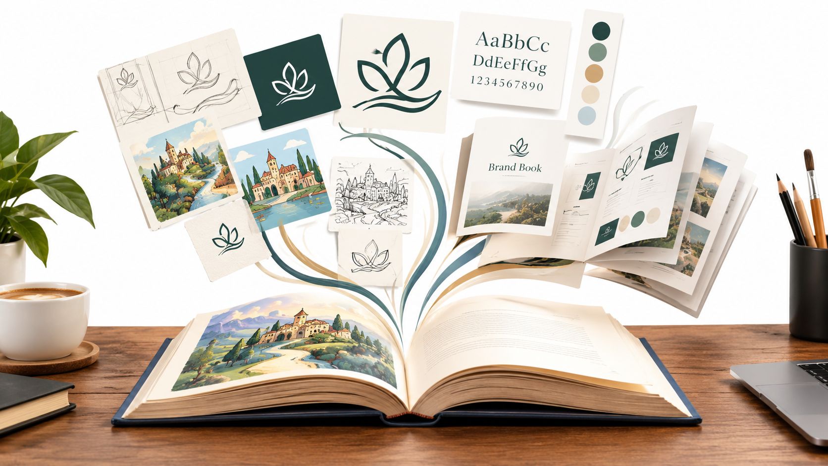 Een open boek op een bureau met zwevende illustraties van een logoontwerp en een Toscaans landschap.