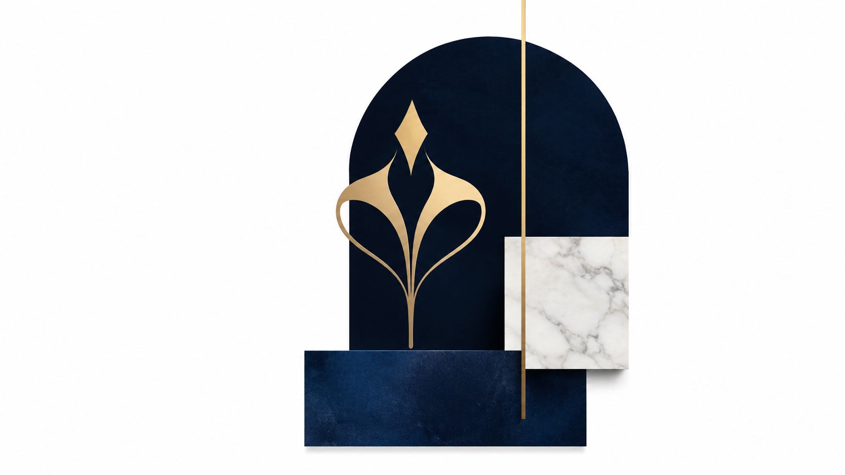 Een abstracte compositie met een donkerblauw boogvormig paneel, een marmeren vierkant en een elegant gouden bloemornament.