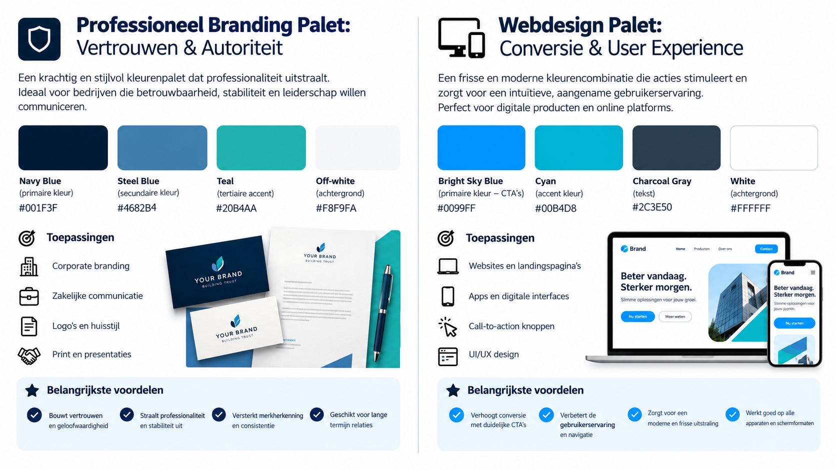 Een infographic die twee professionele kleurenpaletten vergelijkt voor branding en webdesign met hun specifieke toepassingen en voordelen.