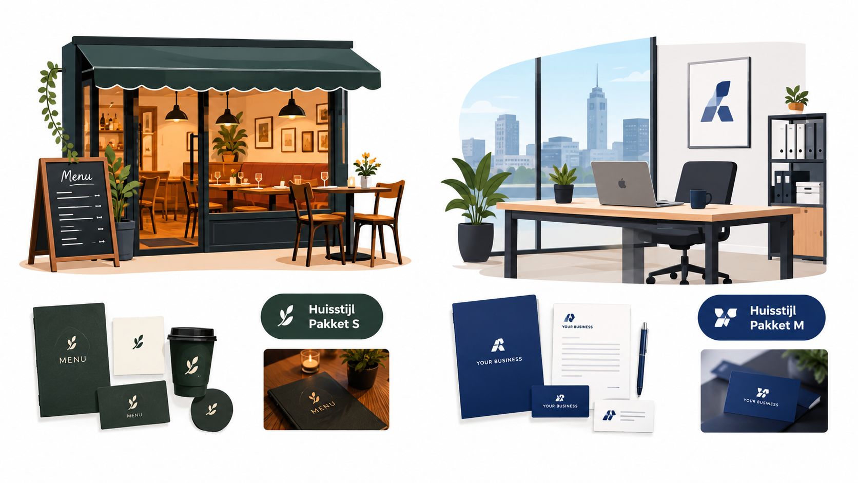 Voorbeelden van huisstijl pakketten voor horeca en zakelijke dienstverlening met branding materialen en kantoorinrichting.