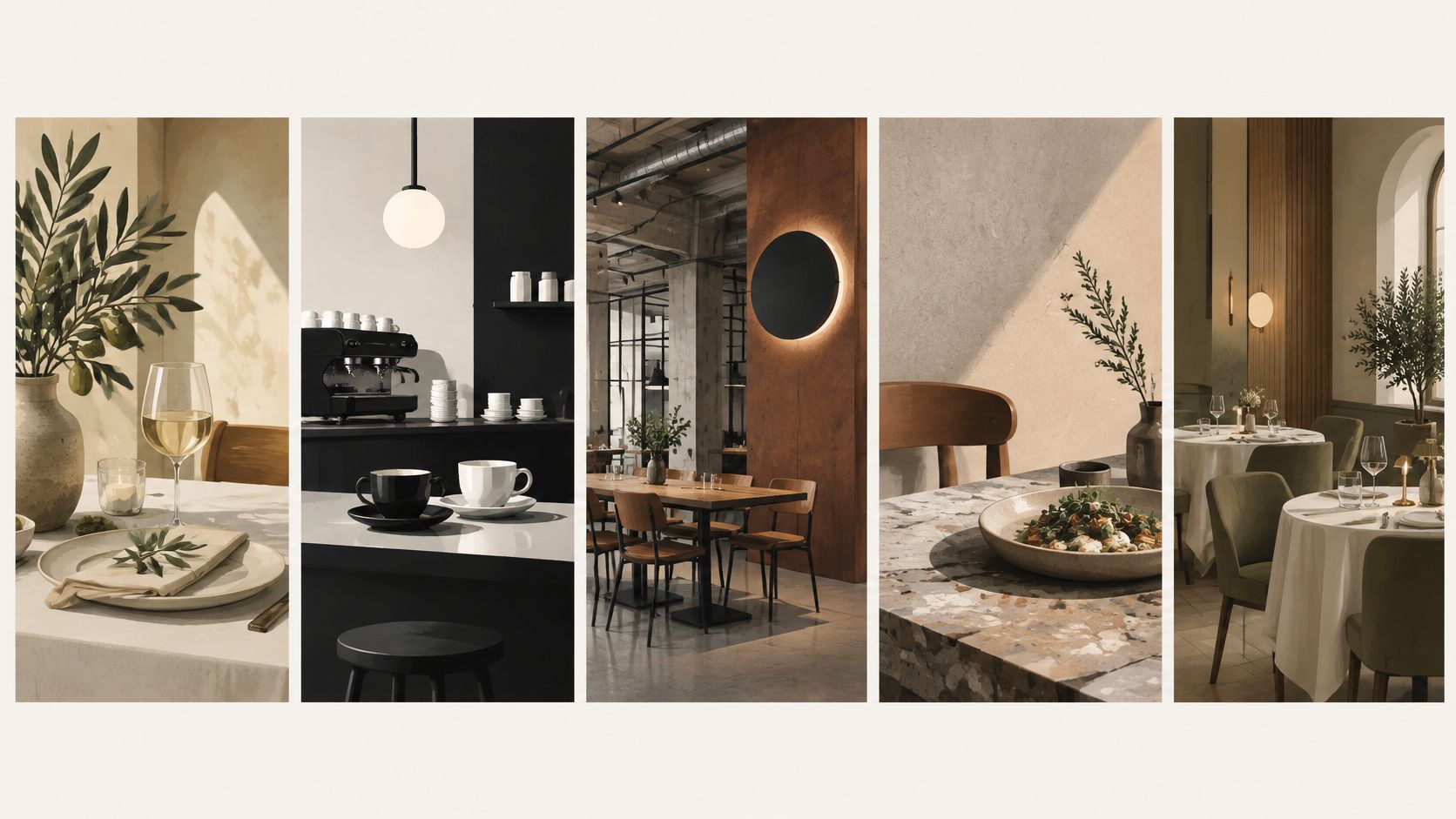 Een collage van sfeervolle restaurantinterieurs met moderne verlichting, gedekte tafels en minimalistische designelementen in warme tinten.