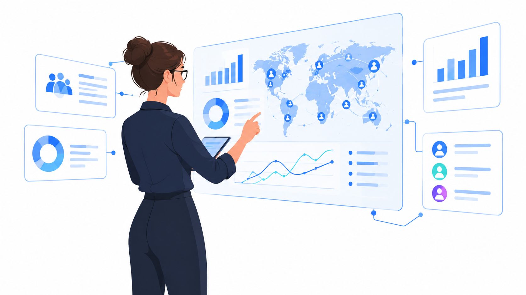 Een zakenvrouw in een donkerblauw pak analyseert interactieve datavisualisaties en een wereldkaart op een digitaal scherm.