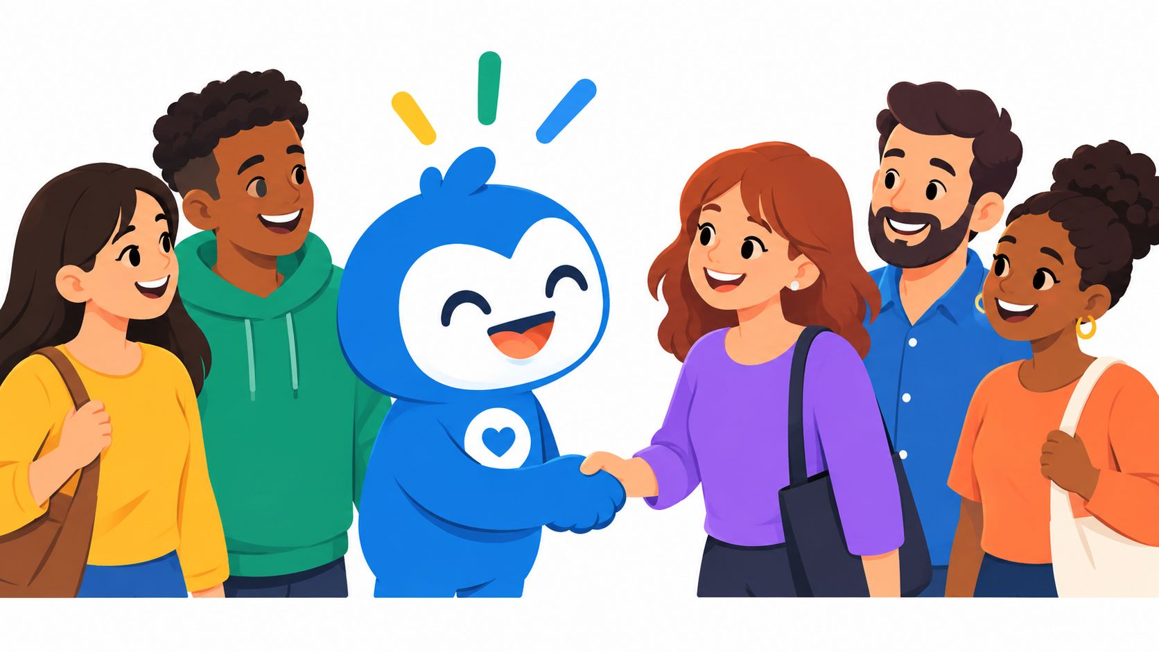 Een vriendelijke blauwe mascotte die de hand schudt van een vrouw omringd door een diverse groep mensen.