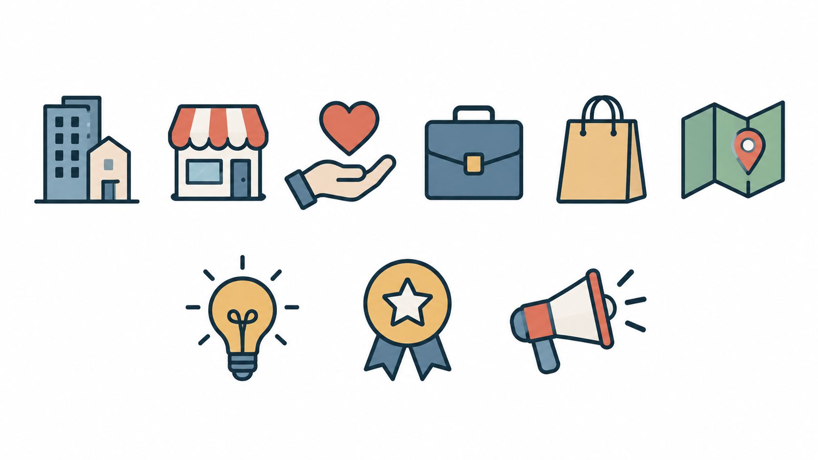 Een verzameling van negen kleurrijke iconen die verschillende zakelijke en professionele diensten op een minimalistische wijze weergeven.