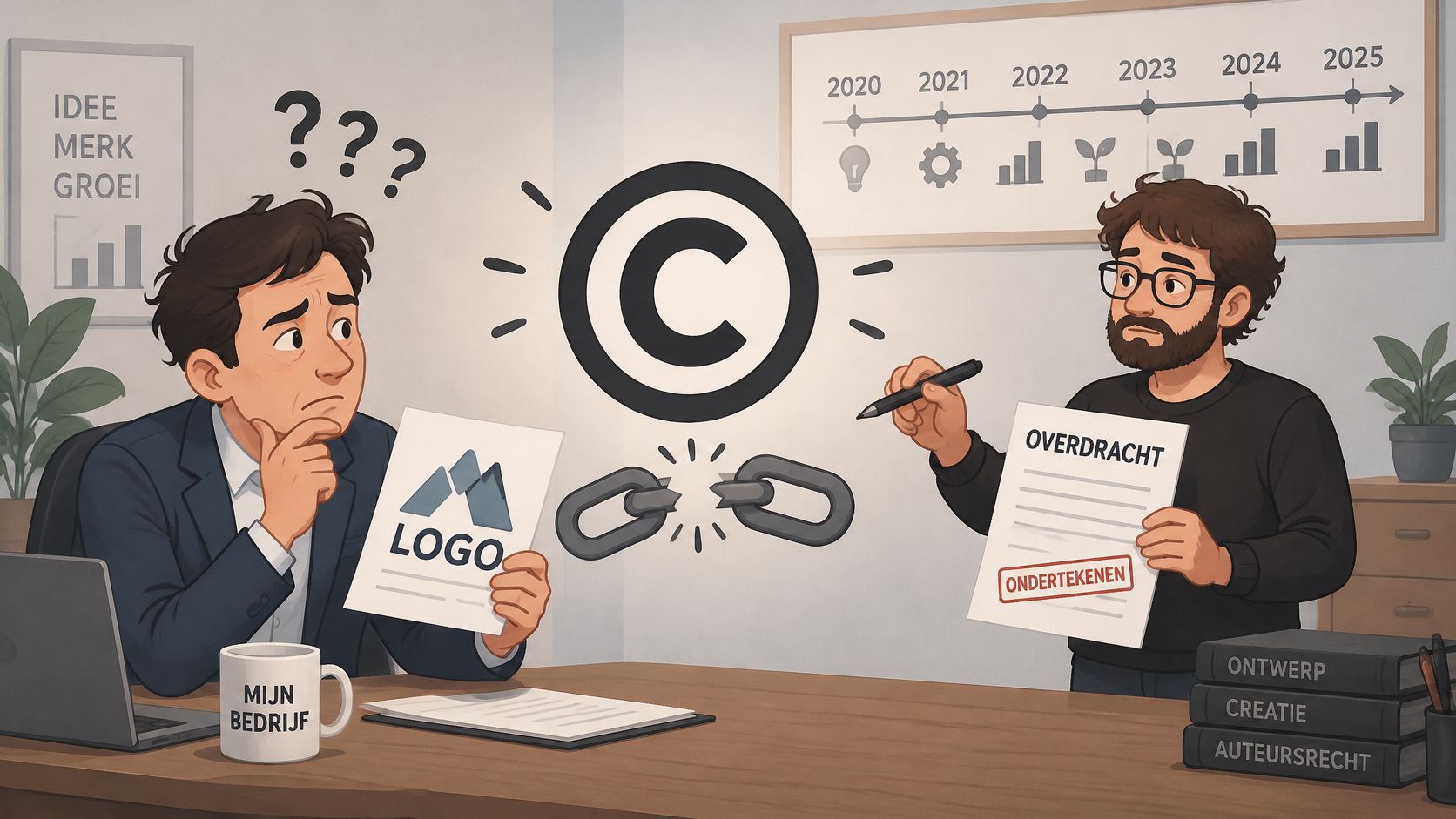 Een ondernemer en ontwerper discussiëren over auteursrechten en contractuele overdracht van een logo-ontwerp op kantoor.