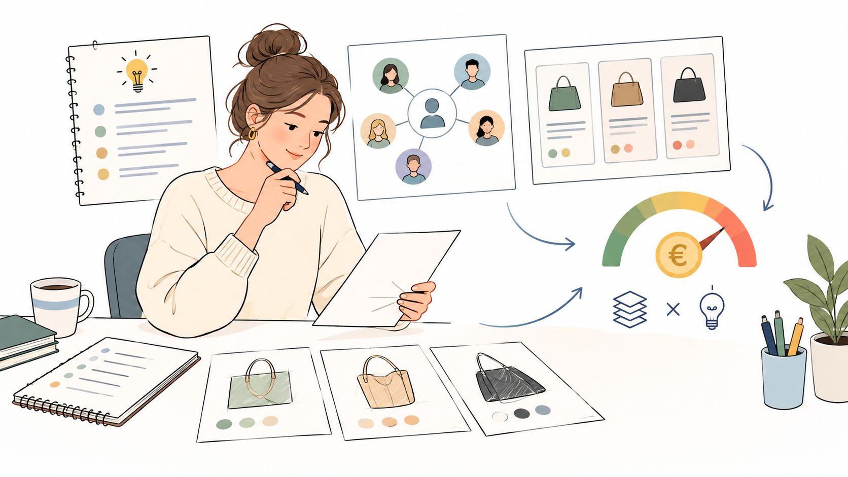 Een vrouwelijke ontwerper werkt aan een huisstijl pakket en analyseert productontwerpen en kosten op haar kantoor.