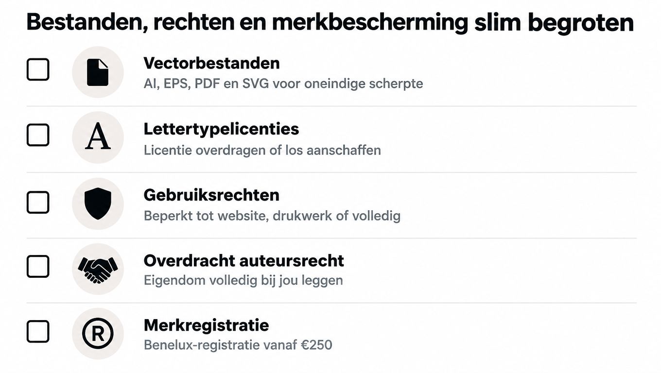 Een overzicht van opties voor bestanden, rechten en merkregistratie bij het laten ontwerpen van een professioneel logo.