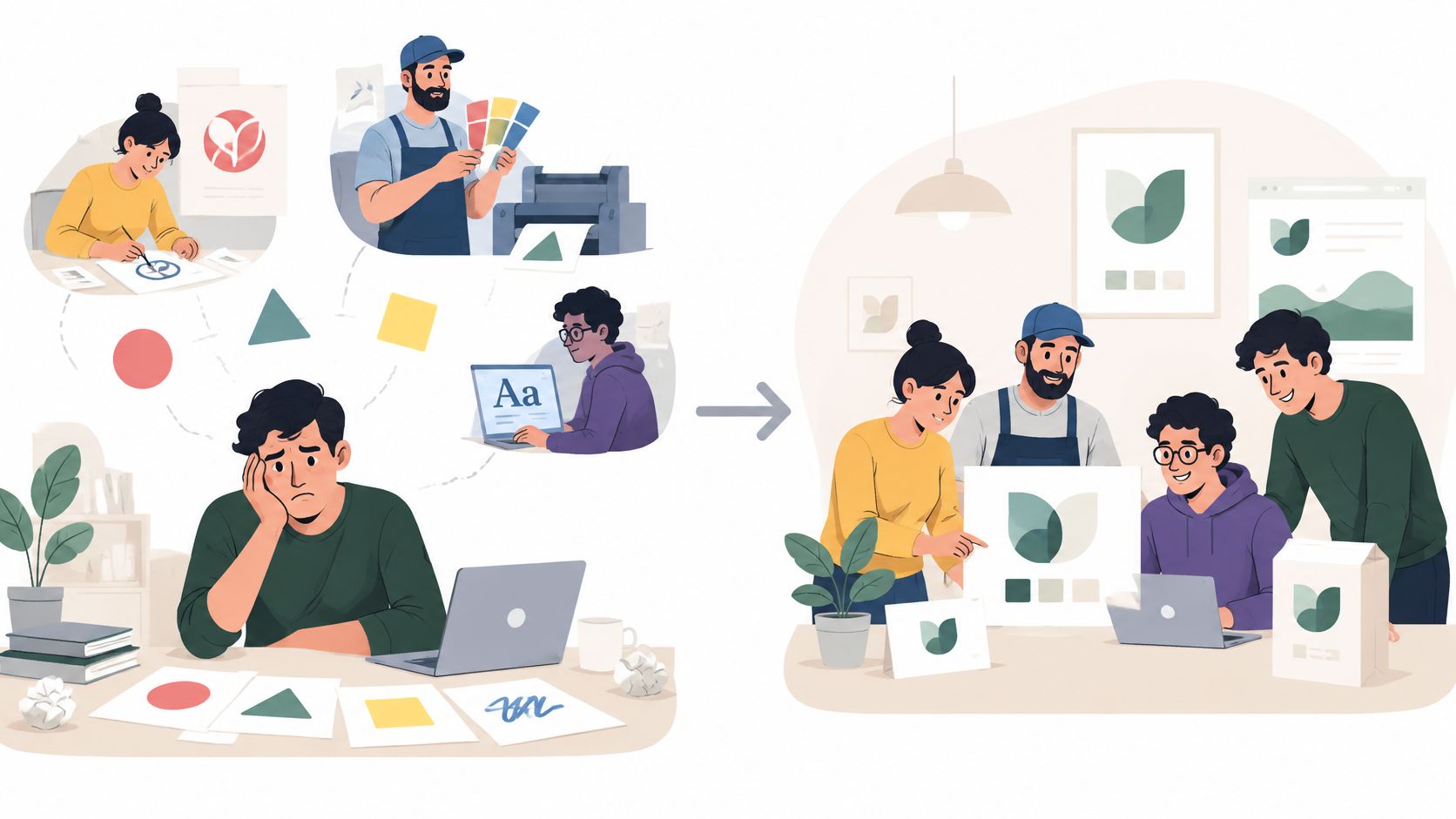 Een illustratie die de overgang toont van een gefrustreerde individuele ontwerper naar effectieve creatieve samenwerking in een designbureau.