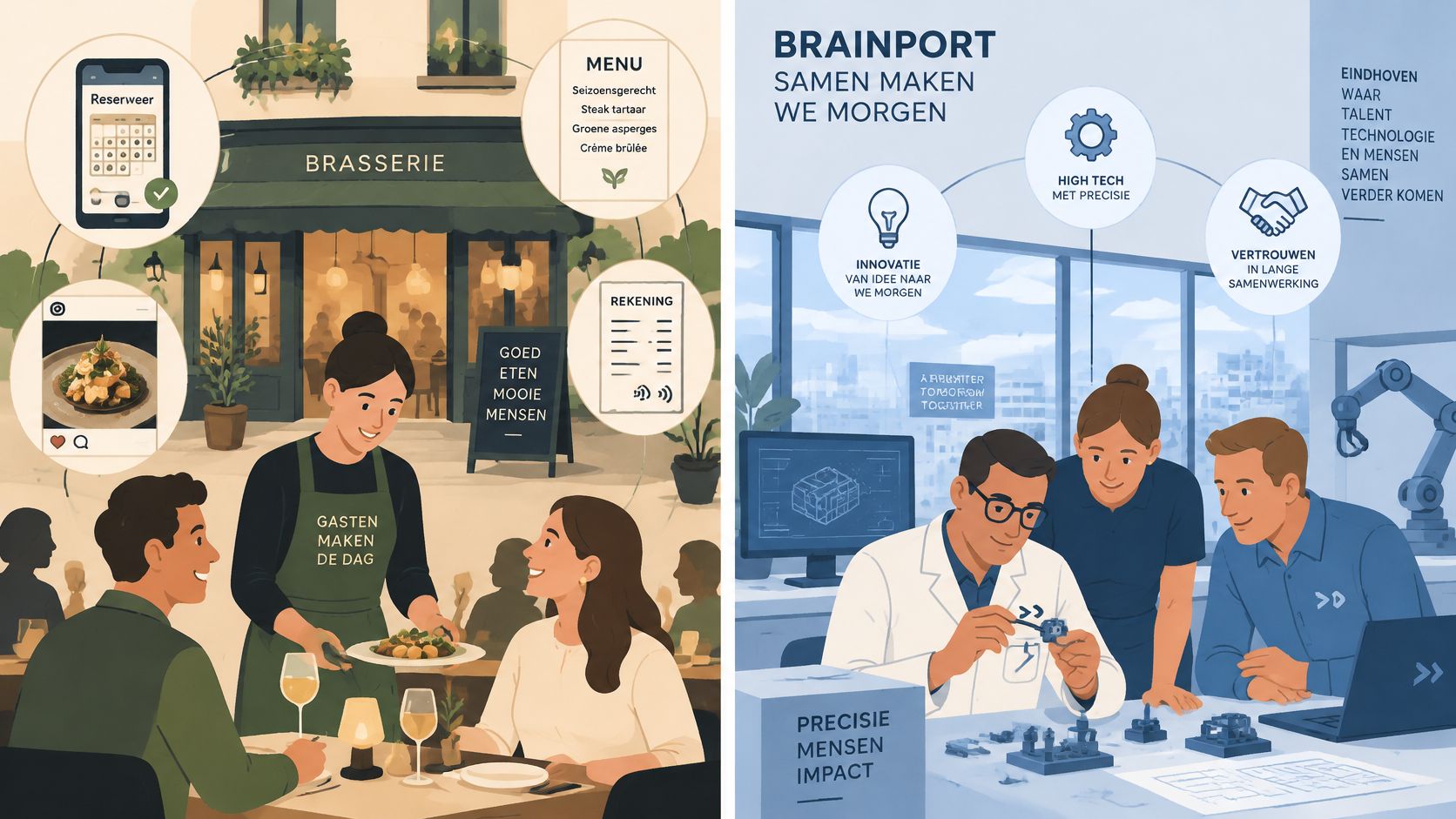 Illustratie van een creatief marketing bureau die gastvrijheid in de horeca verbindt met innovatieve high-tech samenwerkingen.