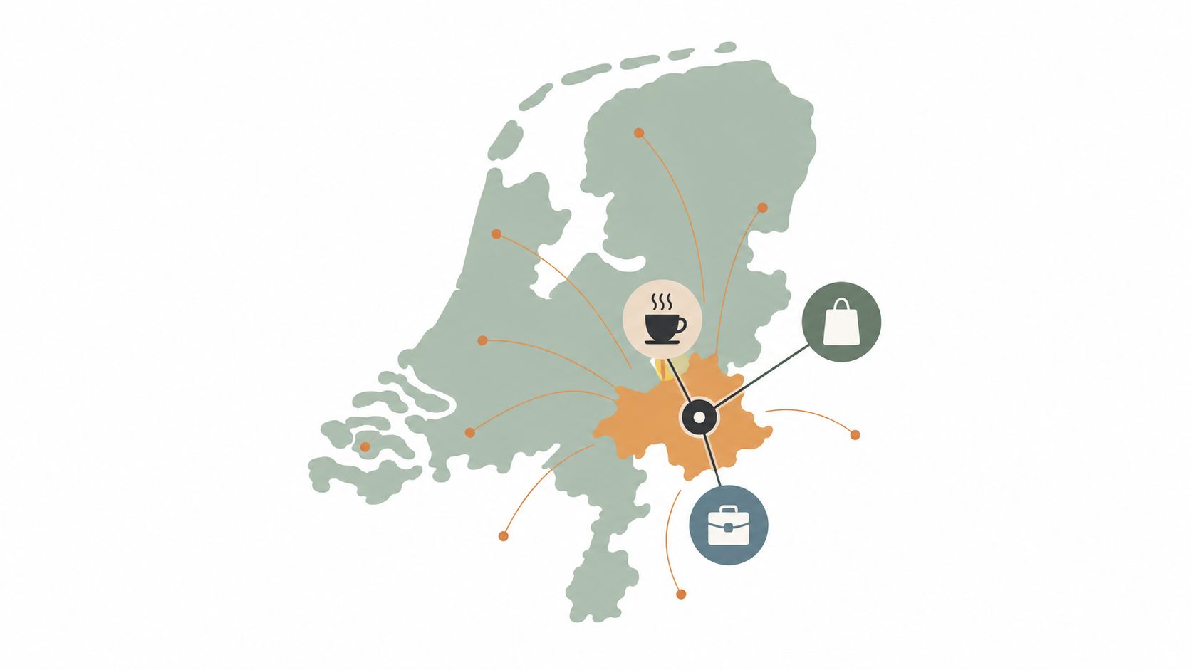 Een gestileerde kaart van Nederland met een oranje gemarkeerde regio en iconen voor zakelijke en winkelactiviteiten.