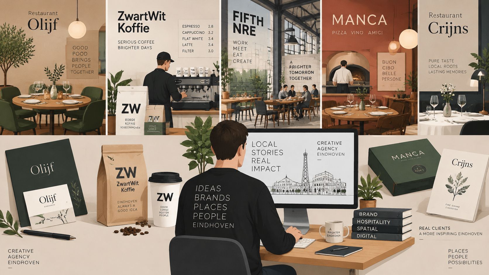 Grafisch bureau in Eindhoven presenteert verschillende merkidentiteiten en restaurantconcepten met een moderne en professionele uitstraling.