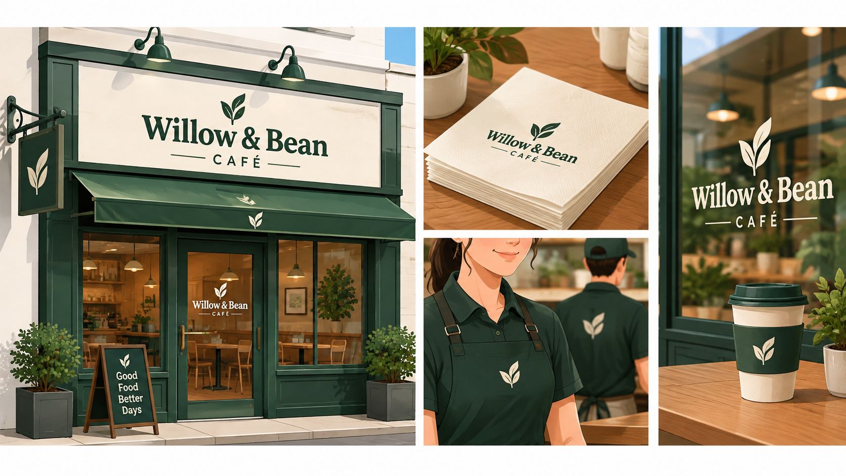 Een collage met de huisstijl van Willow & Bean café, inclusief gevel, servetten, koffiebekers en werkkleding.