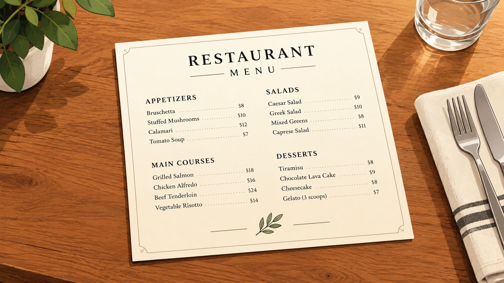 Een elegant restaurantmenu op een houten tafel naast een glas water en een opgevouwen servet met bestek.