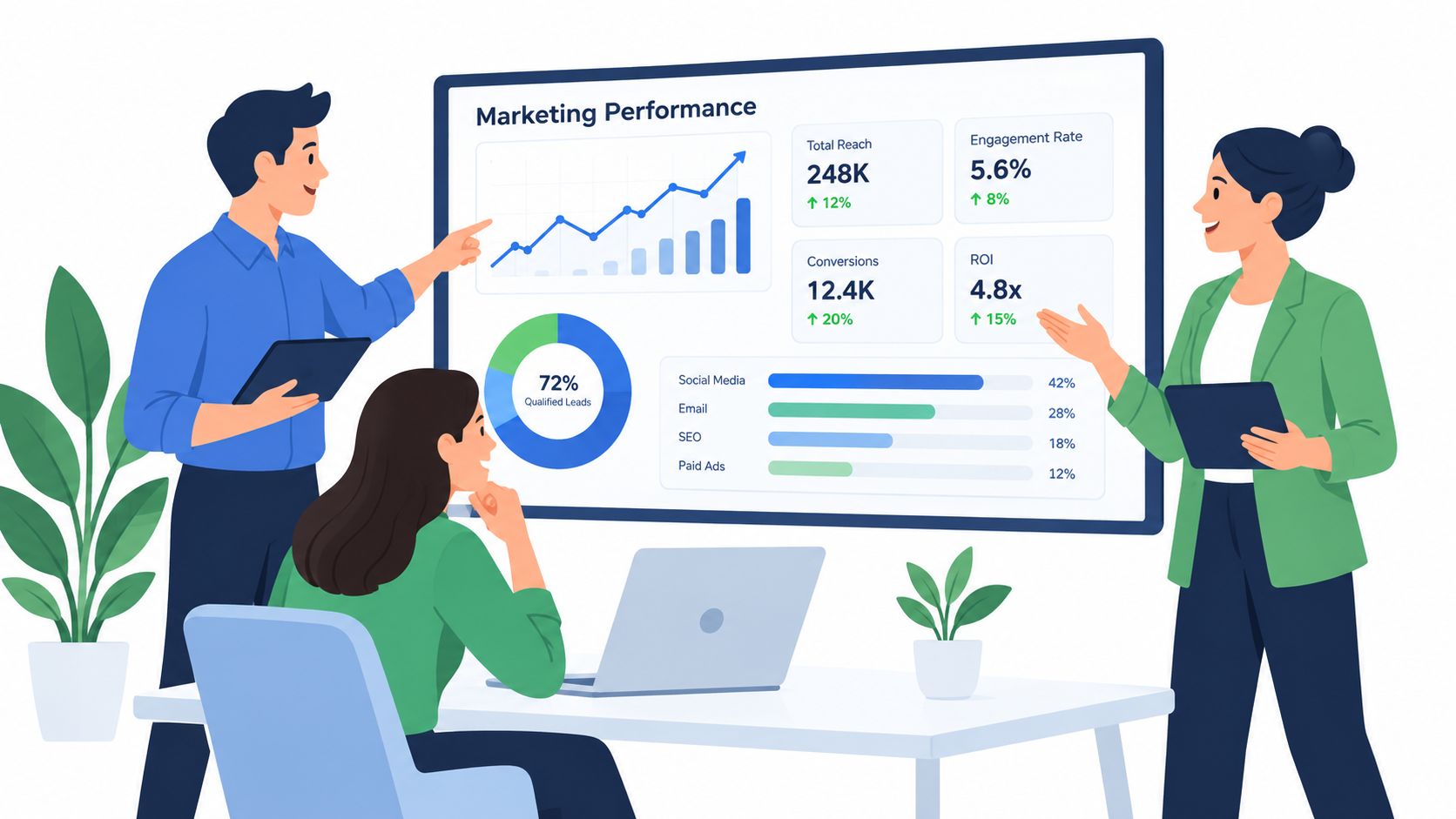Team van marketeers bespreekt marketingprestaties met grafieken en datavisualisatie op een groot scherm in een kantoor.