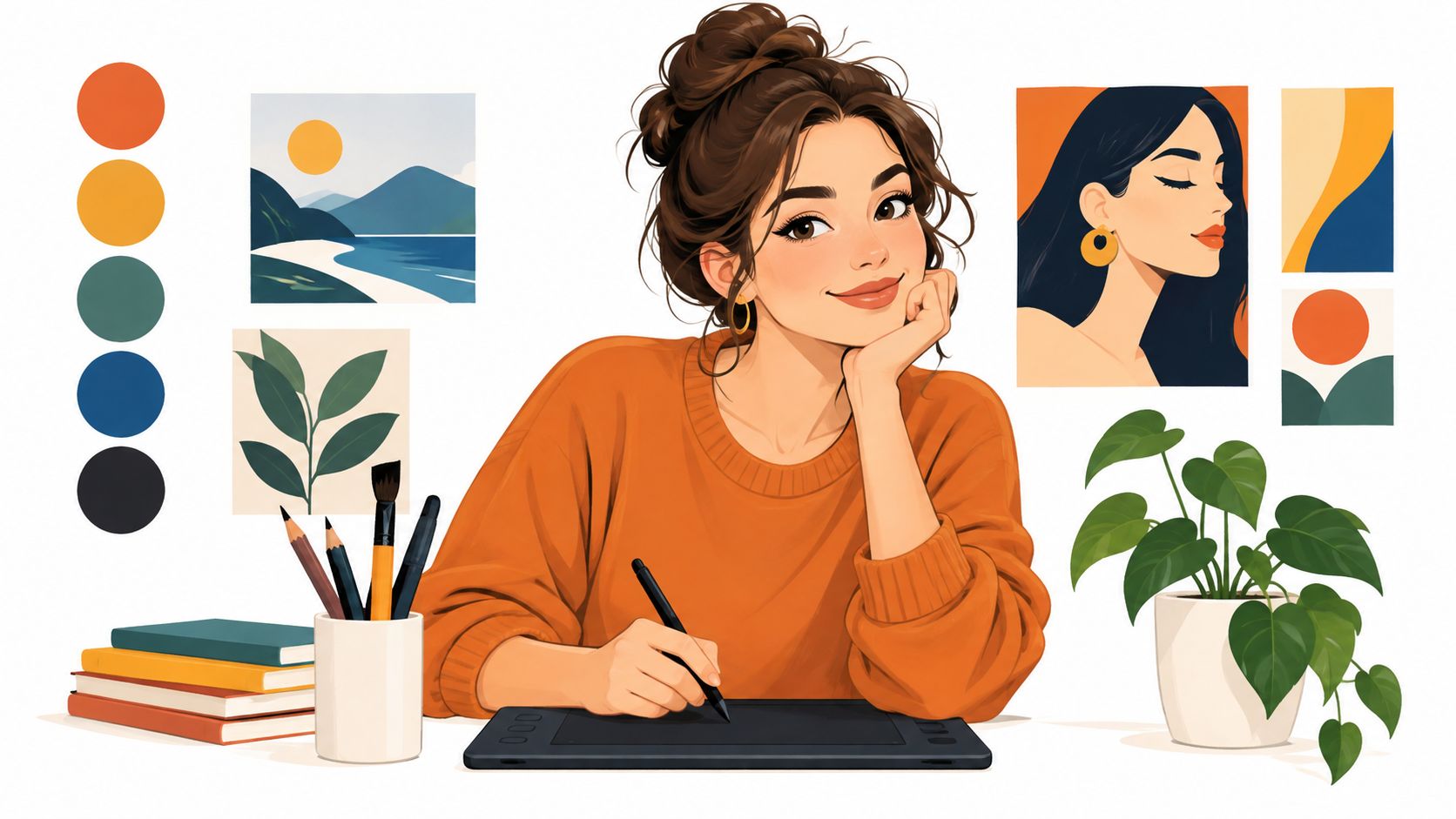 Een vrouwelijke grafisch ontwerper werkt aan haar tekentablet met artistieke inspiratie en een plant op haar bureau.