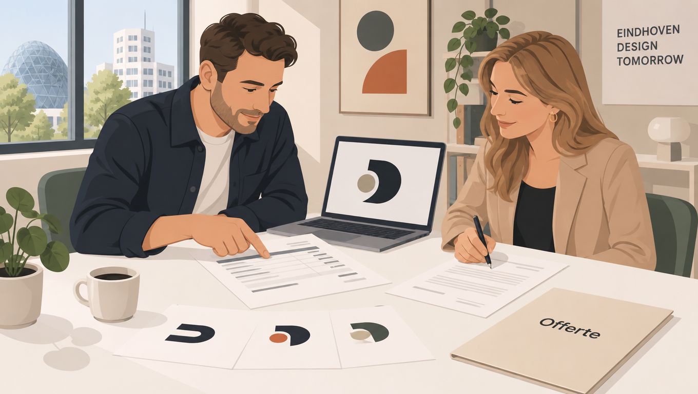 Twee creatieve professionals bespreken samen een logo ontwerp en offerte aan een licht kantoor bureau.