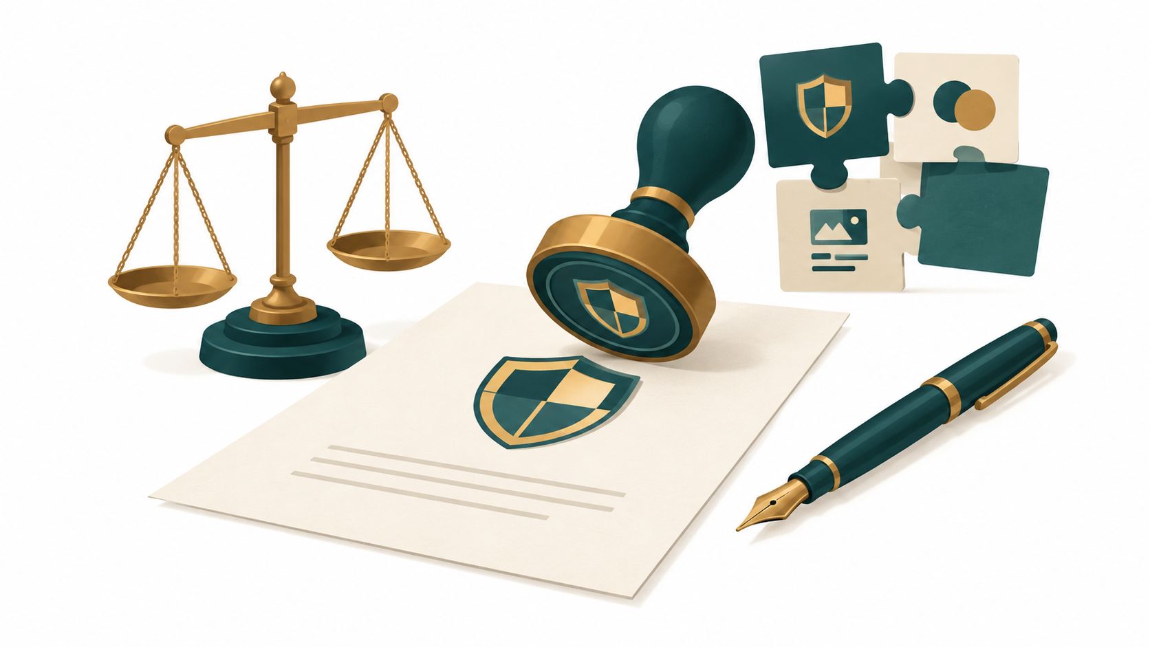Een gouden weegschaal, een officiële stempel en een vulpen op een document over logo ontwerp.